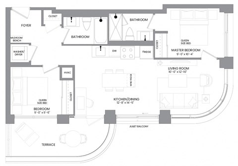 Floor plan for 2 beds, 2 baths, 784 sqft